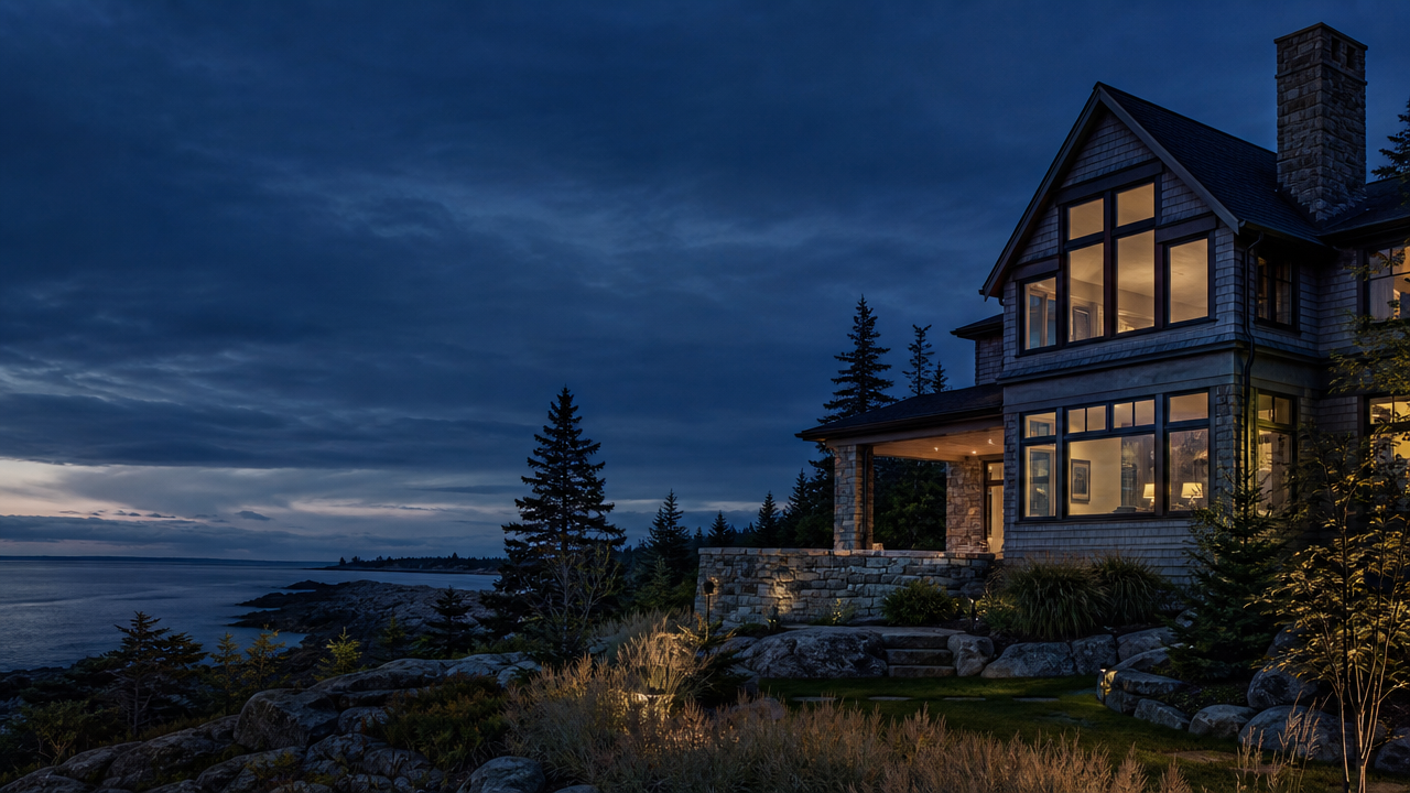 A refined coastal Maine home at blue hour, viewed from its landscaped yard