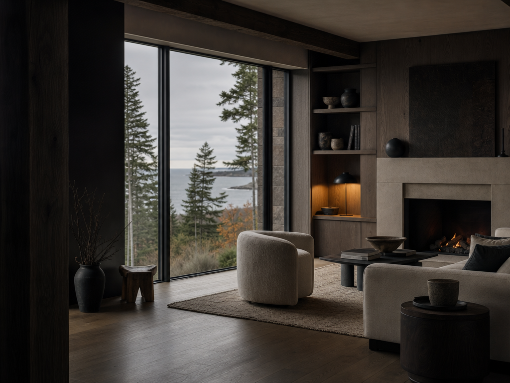 Dark oak living room with a limestone fireplace and a view toward the Maine coast