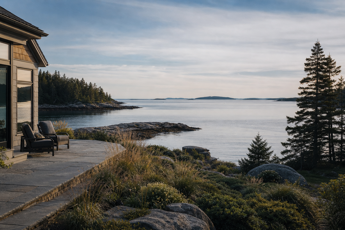 A stone terrace and native Maine garden facing a quiet cove