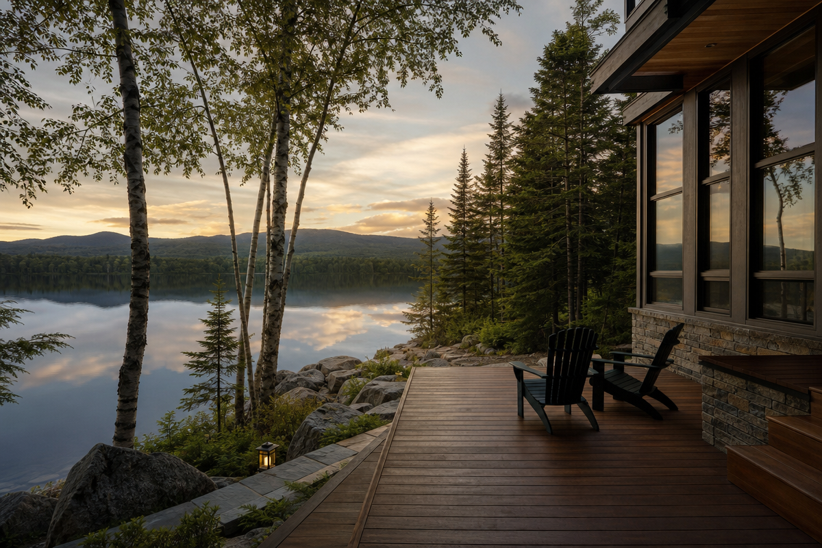 A Maine lakeside home framed by trees and calm water